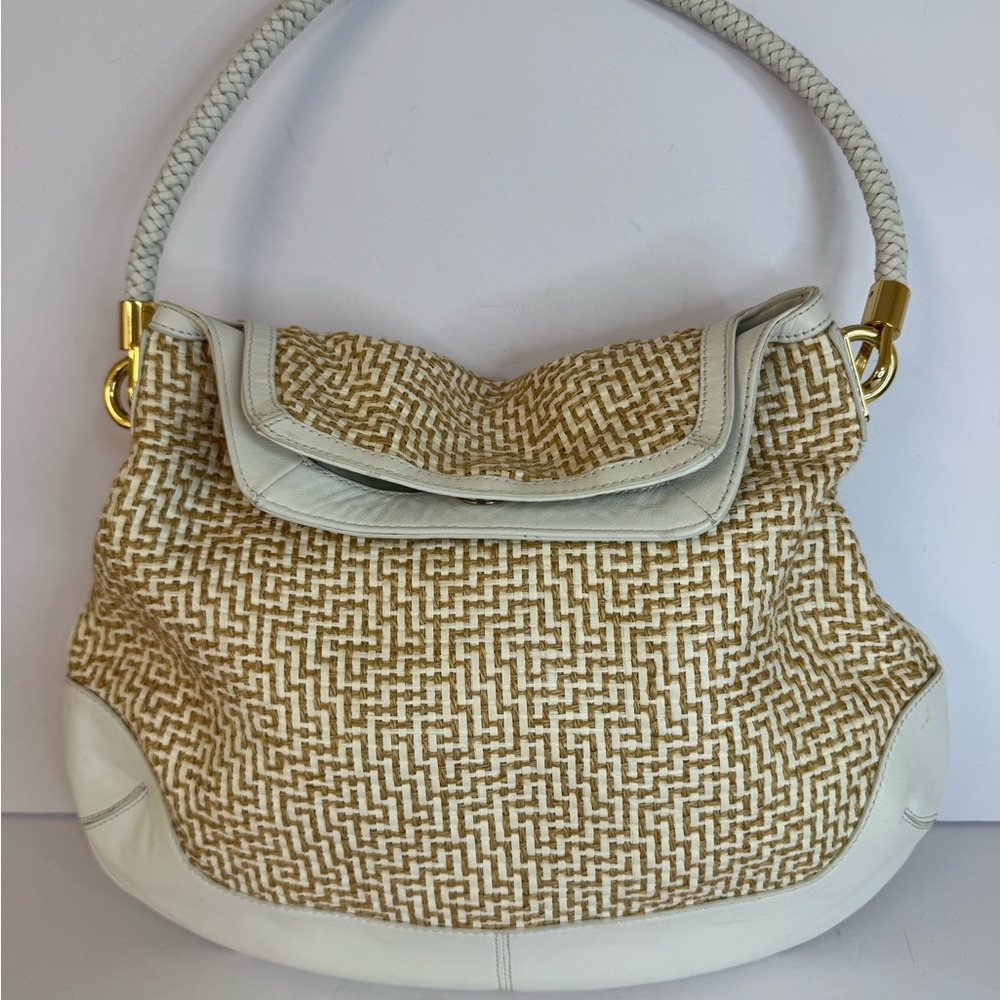 Kate Landry Handbag Boho Purse Straw Chic Large Tote Cream Yellow Shoulder Bag